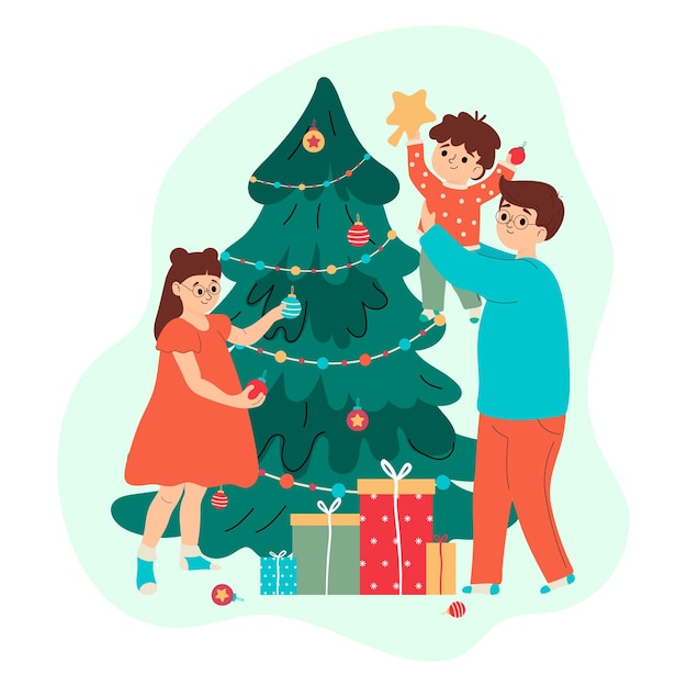 Familie viert Kerstmis Vader en kinderen versieren de kerstboom
