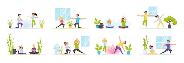 Familie yoga set met personages in verschillende scènes en situaties.