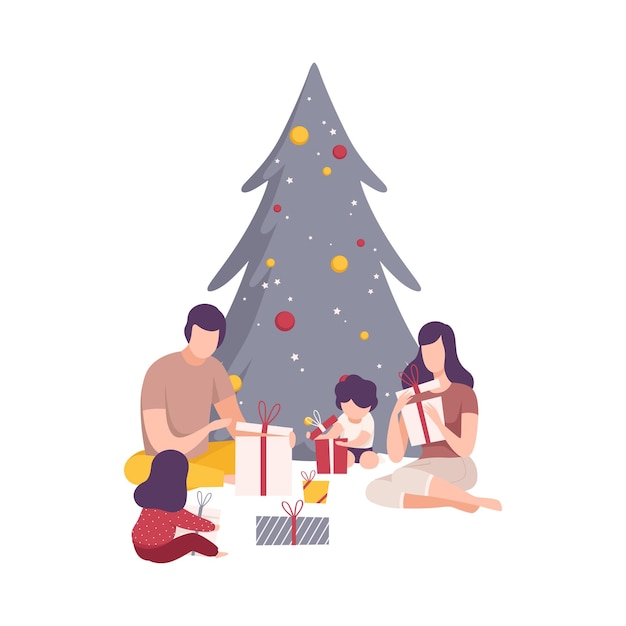 Familie zit onder de kerstboom en pak geschenkkistjes uit Vector illustratie