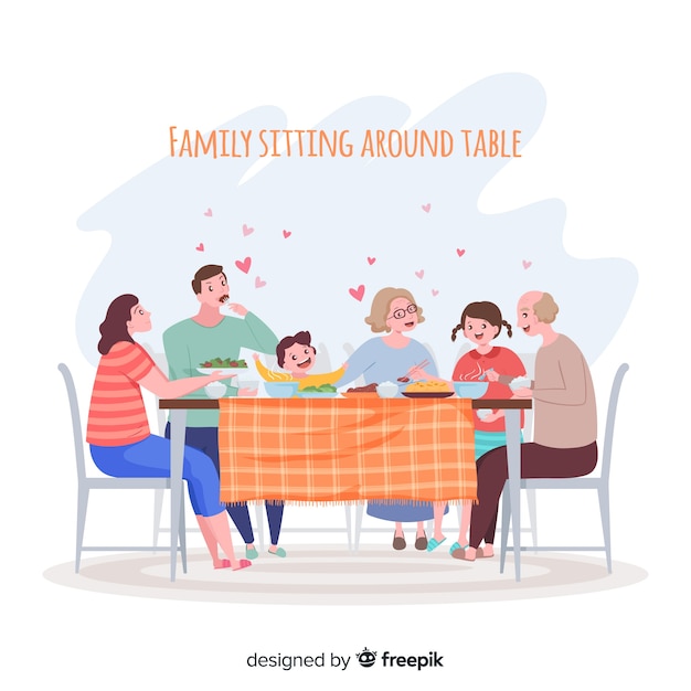 Familie zit rond de tafel