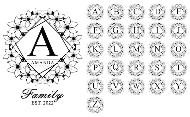 Vector familiemonogram, monogramlettertype, monogrambrieven, bloemmonogram, monogramalfabet, bloemenlettertype