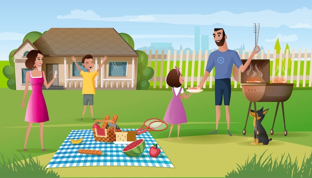 Familiepicknick op het beeldverhaalvector van de buitenhuiswerf