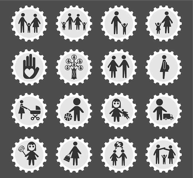 Vector familiepictogrammen op gestileerde ronde postzegels