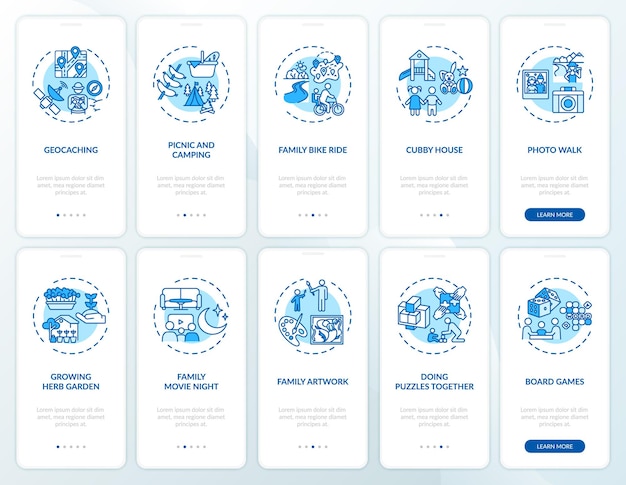 Familieplezier onboarding mobiele app-paginascherm met concepten ingesteld. Familie-activiteiten in de buitenlucht met kinderen. Doorloop 10 stappen voor het verlijmen. UI-sjabloon met RGB-kleurenillustraties