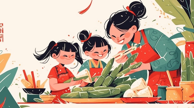 Vector families share zongzi during dragon boat festival collection