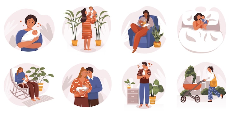 Vector families with newborns web concept in flat design young mothers and fathers holding and hugging babi...