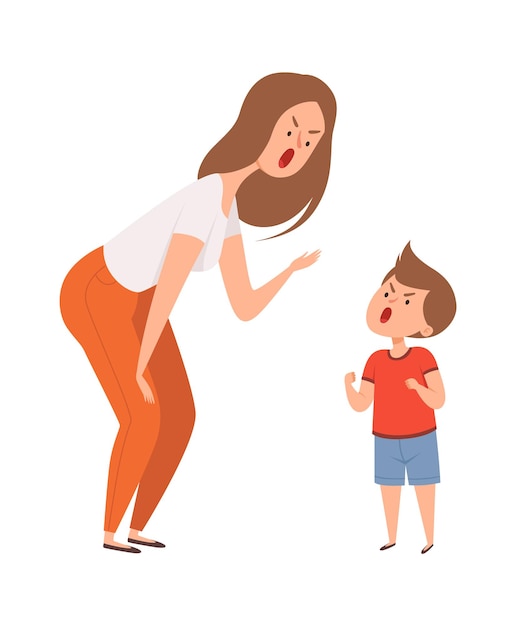 Family abuse. woman son scream together. family argue or quarrel. isolated cartoon angry mother and boy vector characters. son and mother, woman parent angry and quarrel illustration