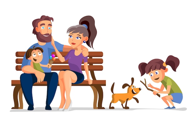 Family active holidays parents kids and dog in summer parkFamily sitting on a bench Cartoon vector illustration