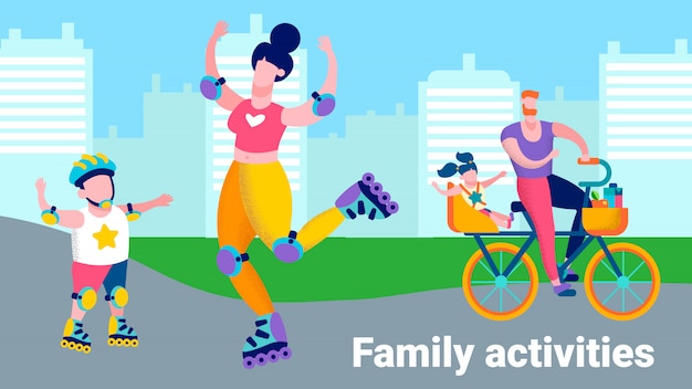 Family activities banner flat design cartoon style