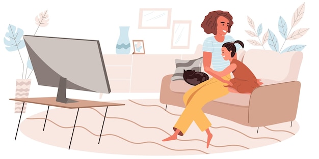 Family activity concept in flat design. Hugging mother and daughter watching movie or TV together while sitting on sofa in living room. Childhood and motherhood, people scene. Vector illustration