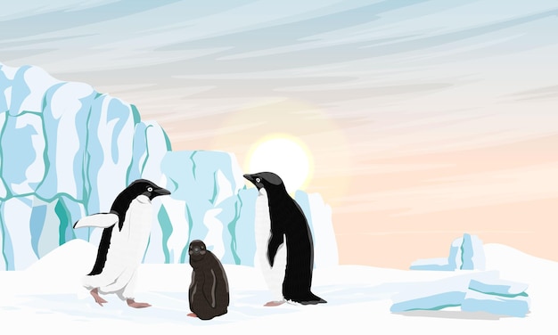 A family of adlie penguins with a chick are standing on the ocean near a large glacier