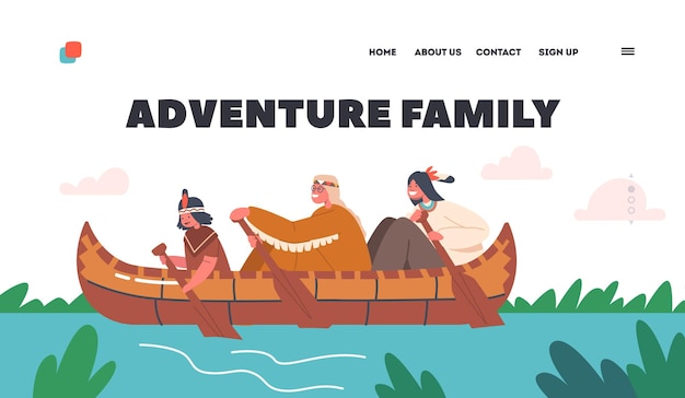 Family Adventure Landing Page Template Native Indian American Kids Canoeing Children Rowing in Wooden Canoe Boat