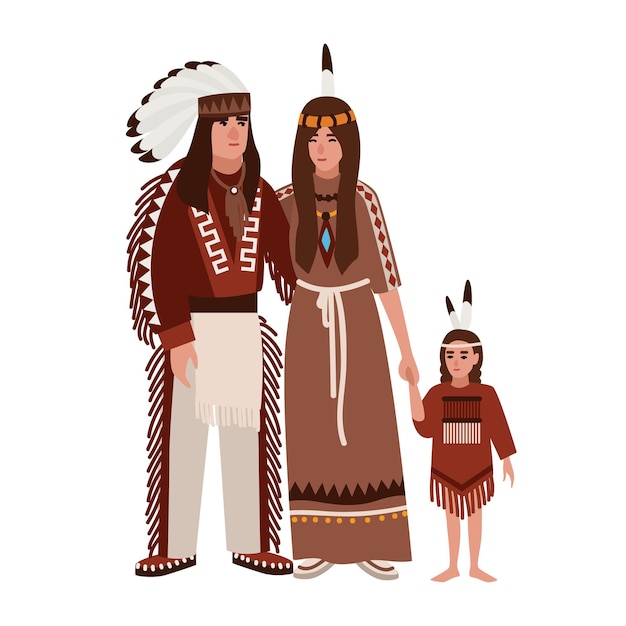 Family of american indians. mother, father and daughter dressed in ethnic tribal clothes standing together