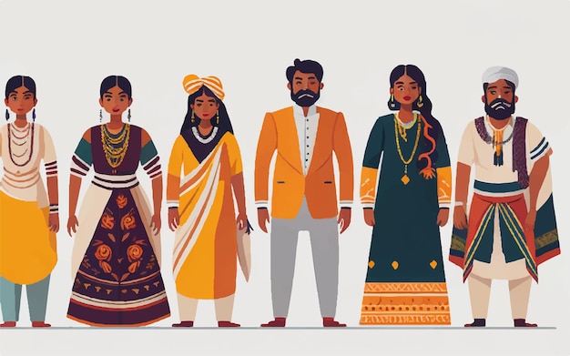 ベクトル 家族と社会の概念 グループ インドの人々が異なる伝統的な服を着て白い背景で平らなスタイルで一緒に立っています ベクトルイラスト