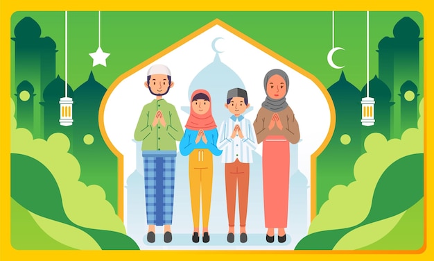 Семья извиняется перед персонажем рамадан ид мубарак плакат баннер