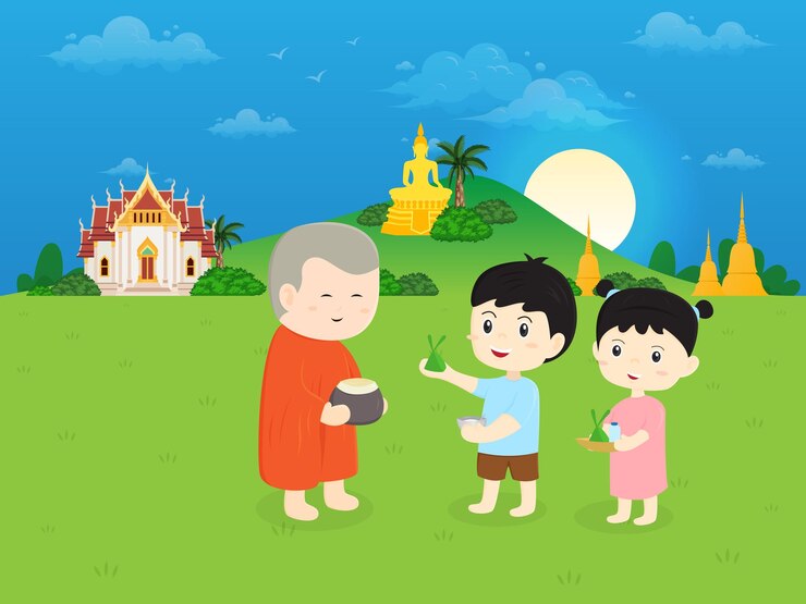 Vector the family are making merit by giving alms to monks cartoon illustration design