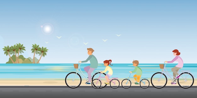 Family are riding on bicycles on beach background.