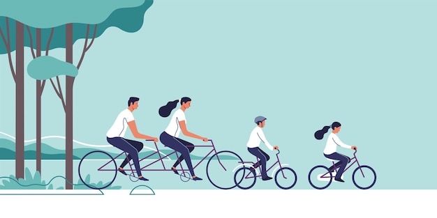 Vector family are riding on bicycles on the natural landscape background.  illustration.