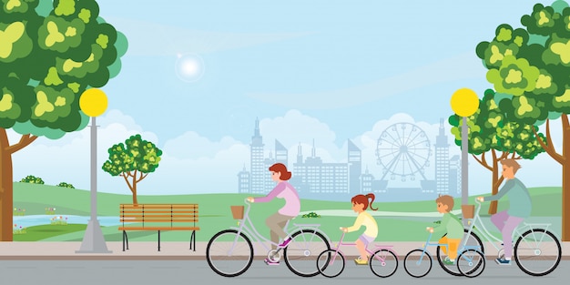 Vector family are riding on bicycles in public park landscape .