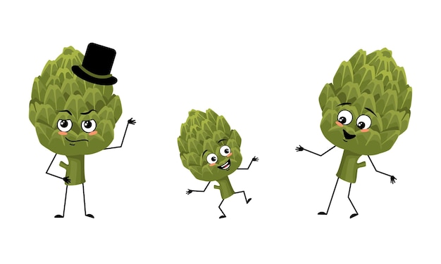 Family of artichoke fruit characters with happy emotions smile face happy eyes arms and legs Mom is happy dad is wearing hat and child is dancing Vector flat illustration