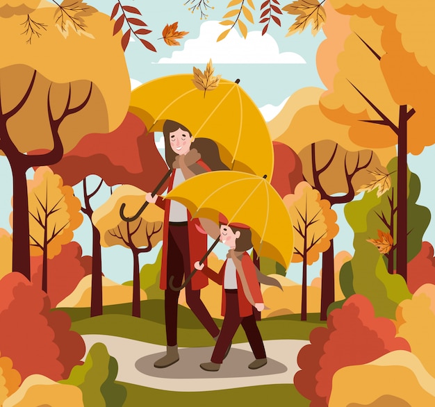 Vector family in autumn background