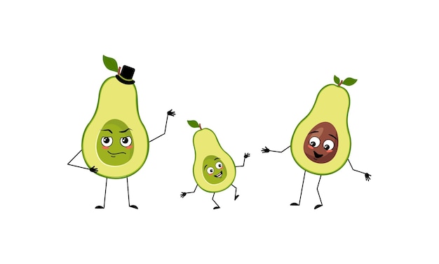 Famiglia di personaggi di avocado con emozioni felici, viso sorridente, occhi felici, braccia e gambe. la mamma è felice, il papà indossa il cappello e il bambino balla. illustrazione piatta vettoriale