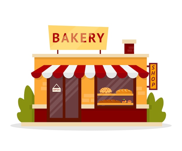 Illustrazione della facciata del forno della famiglia. negozio di pasticceria esterno dell'edificio. pasticceria, prodotti di pasticceria, assortimento di merci. clipart di pane appena sfornato. shopping, commercio, commercio