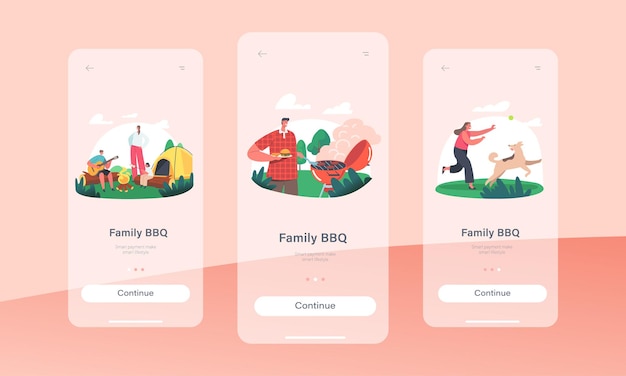 Family BBQ 모바일 앱 페이지 온보드 화면 템플릿. 숲속의 여름 캠프에서 시간을 보내는 캐릭터, 활동적인 관광객