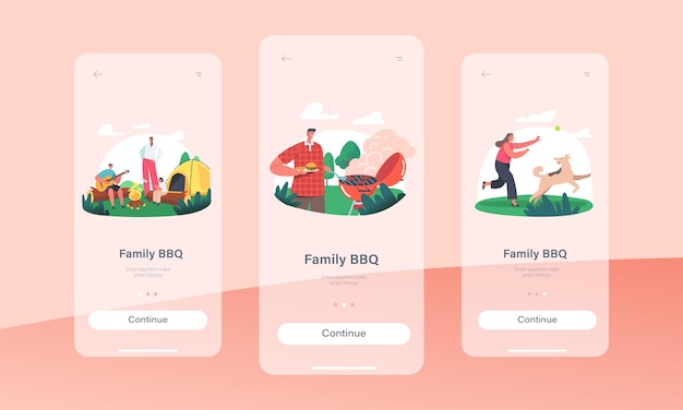 Family BBQ Mobile App Page Onboard Screen Template. Characters Spend Time at Summer Camp in Forest, Active Tourists