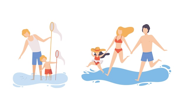 family at beach scene with father mother and kid having fun catching fish with net and splashing in water vector set