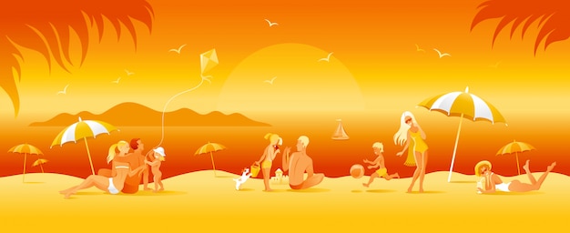 Family beach vacation banner. summer sea travel background in cartoon style. people fun illustration. happy woman, man, children, kid with sunny beach landscape pattern.