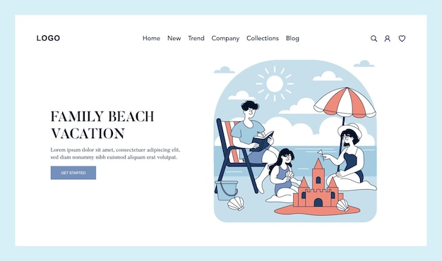 Vector family beach vacation concept parents and child enjoy a seaside holiday building sandcastles under a