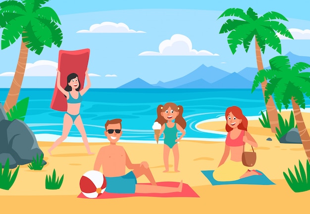 Family beach vacation. Young family with happy kids sunbathing on sand beach, summer seashore cartoon  illustration