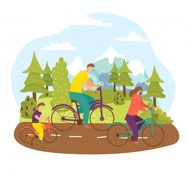 Vector family at bicycle ride, bike sport at summer road  illustration. happy man woman healthy people lifestyle, active cyclist at park. cartoon city nature,  outdoor leisure together.