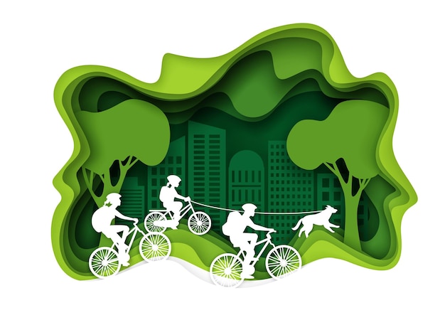 Family biking vector layered paper cut style illustration