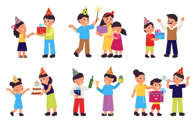 Family birthday party Parents and children people with gifts and balloons Isolated celebration adults kids Cute cartoon festive decent vector characters