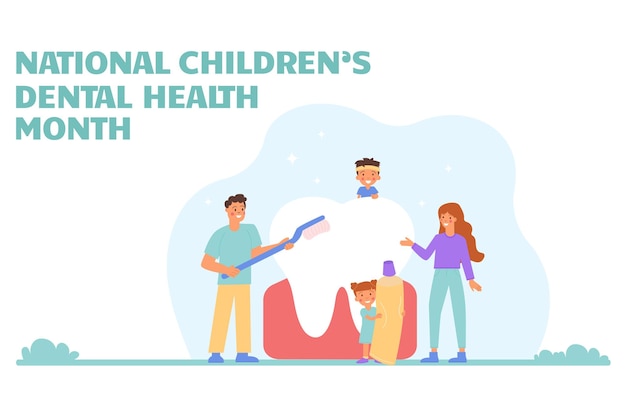 Family brushing teeth National Children's Dental Health Month Banner