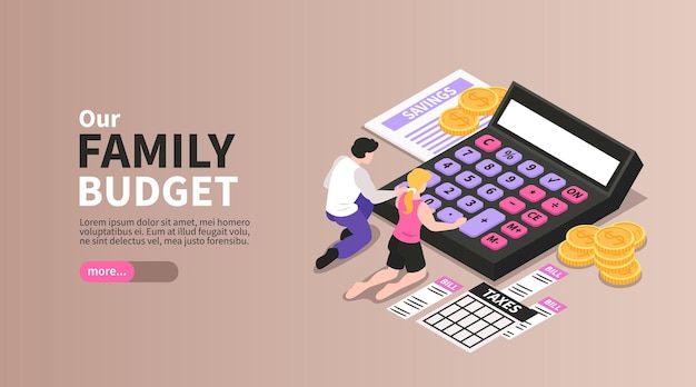 Family budget isometric horizontal banner with couple calculating expenses