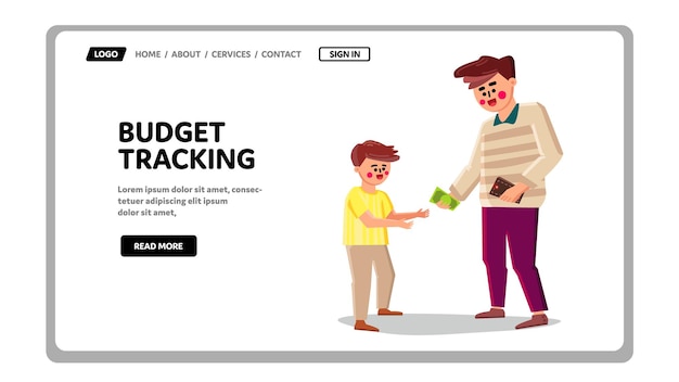 family budget tracking and finance accounting vector. father giving money to son from wallet for payment, financial education and budget tracking. characters man and boy web flat cartoon illustration
