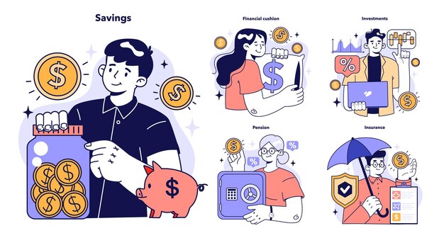 Vector family budgeting set money savings on bank account future investment