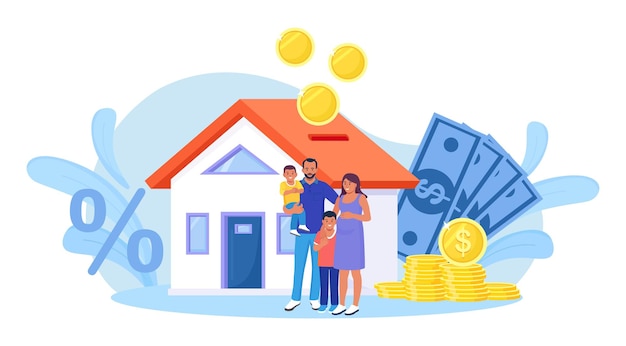 Vector family buying real estate with mortgage and paying credit to bank. people save money and buy house in debt, invest money in property. house loan, rent. home is like a piggy bank