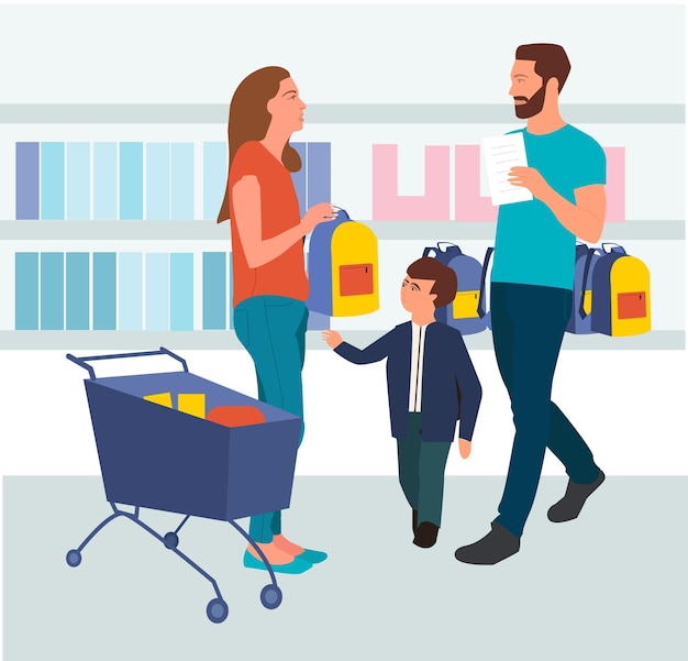 Family Buying School Supplies Father Mother And Son Firstgrader Getting Ready For School