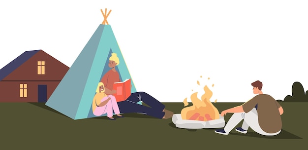 Family camping on backyard outside house. Happy kids and parents around camp tent and fire together. Staycation and home weekend recreation concept. Flat vector illustration