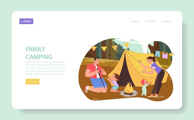 Vector family camping concept outdoor bonding with tent setup and campfire stories under the forest canopy