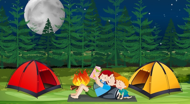 Vector a family camping in forest