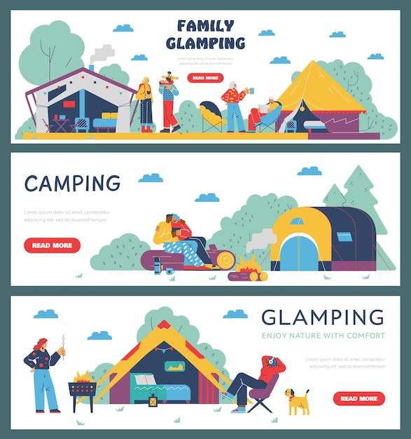 I manifesti di campeggio e glamping per famiglie impostano i turisti che vivono in comode tende illustrazione vettoriale piatta
