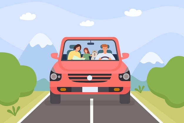Vector family in car. parents, kid and pet on weekend holiday road trip. minivan with people. cartoon adventure travel in mountain, vector concept. illustration outdoors vacation trip, drive family