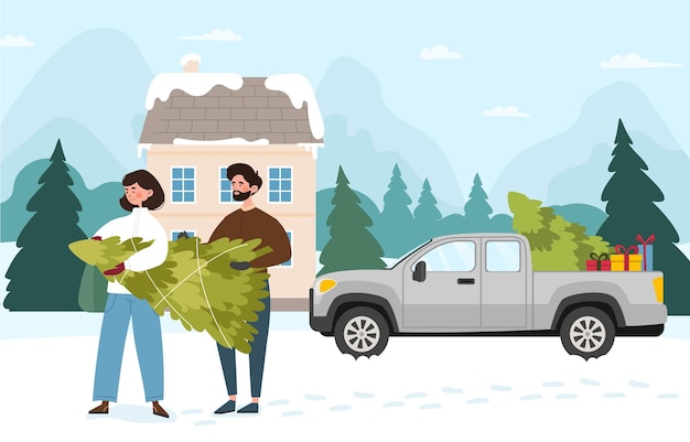 Vector family carry christmas tree