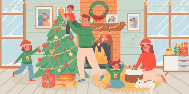 Family celebrate christmas at home. parents and children decorate xmas tree in living room interior with fireplace. new year vector poster. happy christmas at home, new year celebration illustration