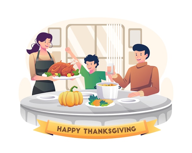 The family celebrates thanksgiving by having dinner together around the table illustration